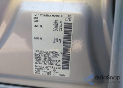 2016 Nissan Altima 2.5/2.5 S/2.5 Sl/2.5 Sr/2.5 Sv from USA, damaged, VIN 1N4AL3AP2GC131518